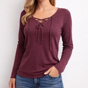 Old Navy Womens Top Lace up Semi Fitted Shirt Size M Fall Colors Plum Purple